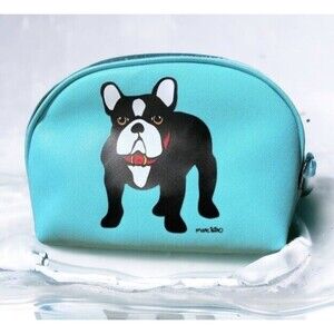 Marc Tetro French Bulldog Cosmetic Case Bag Round Zipper Top Teal 10.5 x 6.5"